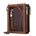 Dark brown genuine leather men's wallet with chain detailing and RFID anti-theft protection