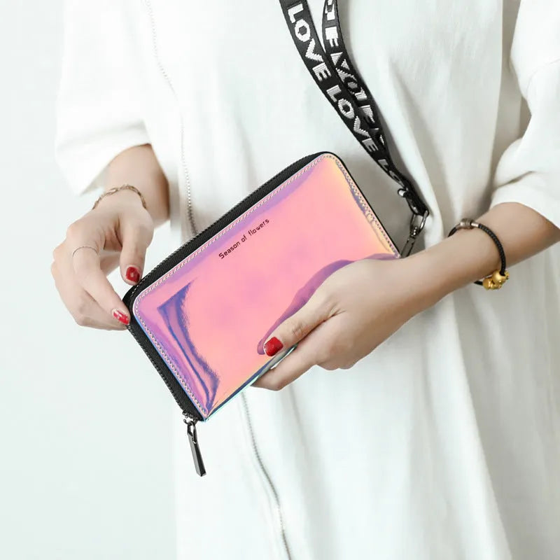 Women's Korean style short folding wallet in glitter blue or green colours showing compact 11cm dimensions