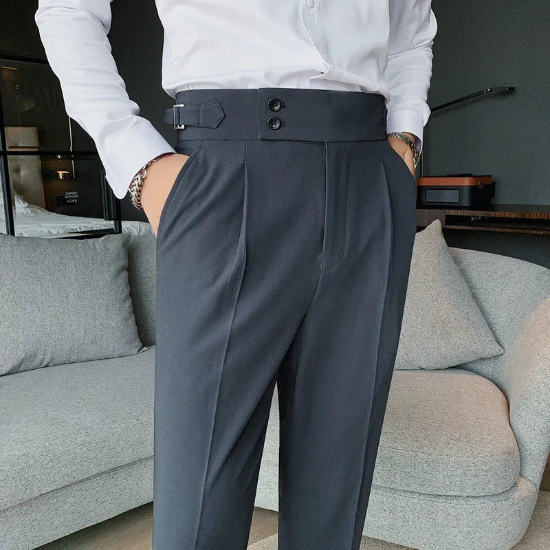 Men's straight-leg casual trousers in polyester fabric showing multiple solid colour options