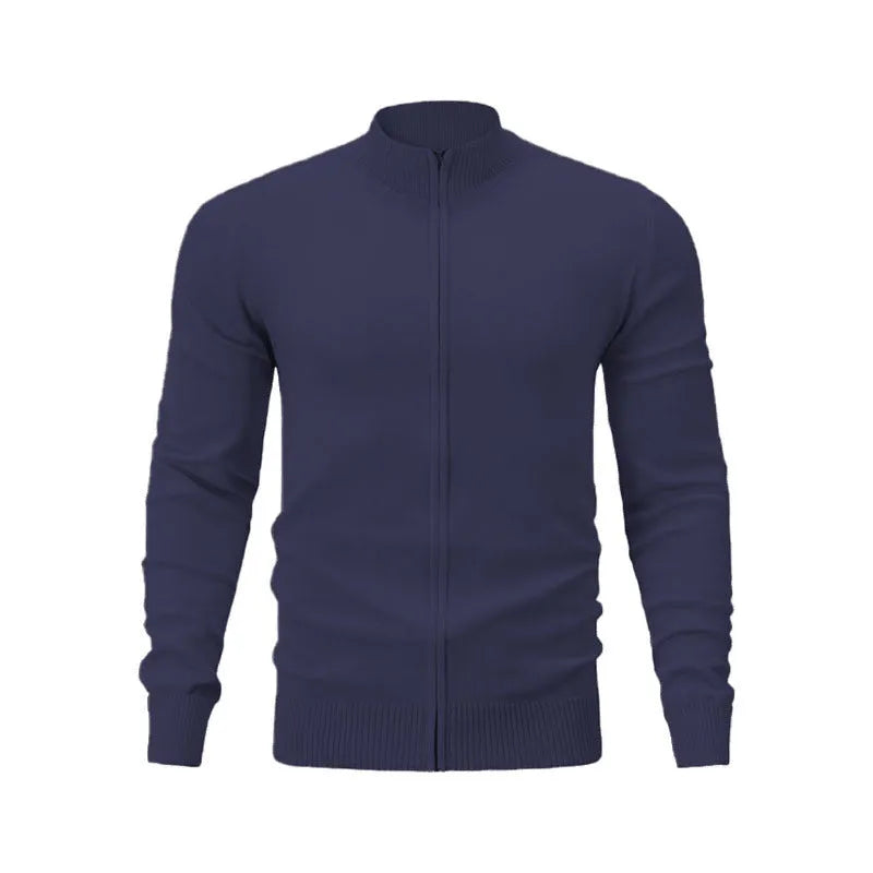 Men's cotton zip-up cardigan with stand collar in loose fit available in seven solid colours