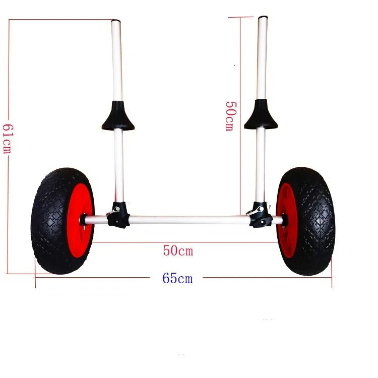 Foldable aluminium kayak cart with upright pole platform and wheels on a beach.