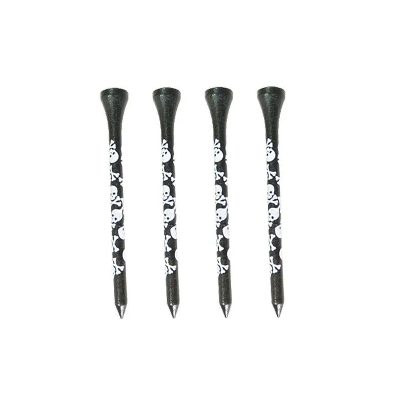 Pack of ten black bamboo golf spike dowel pins with skull print, showing 70mm and 83mm length options
