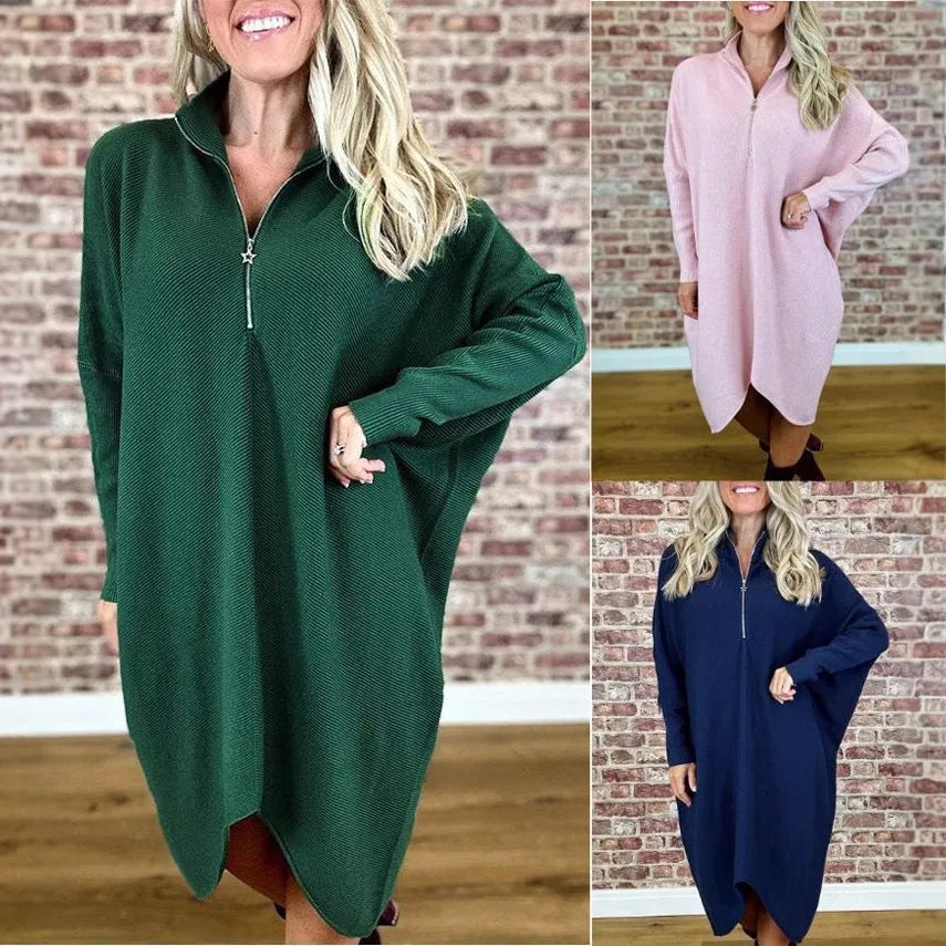 Women's solid colour loose knitted dress with zip front and raglan sleeves