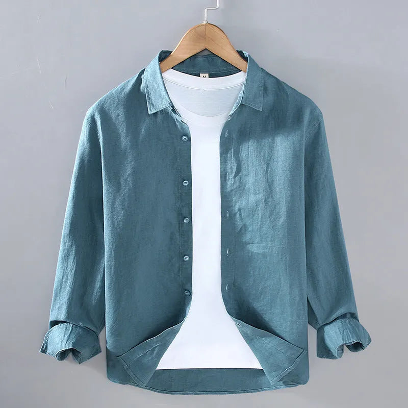Men's linen shirt in solid colour with cardigan styling and long sleeves