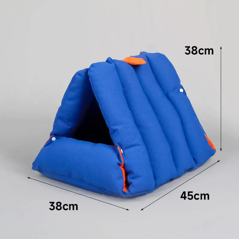 Blue triangular cotton cat bed with a removable cover, showing drilled holes on the side for combination.