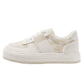 Beige platform sports board shoes with plaid pattern, mesh lining, and rubber sole