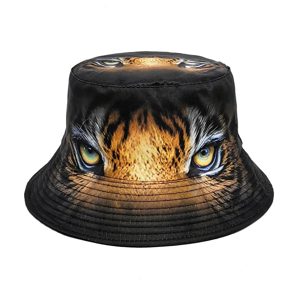 Tiger print polyester bucket hat with dome crown shape for outdoor sun protection