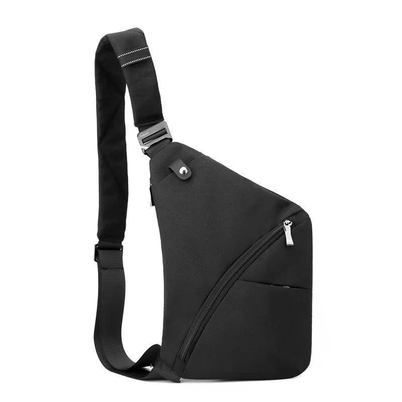 Men's grey oxford cloth shoulder chest bag with letter pattern, shown in left shoulder configuration