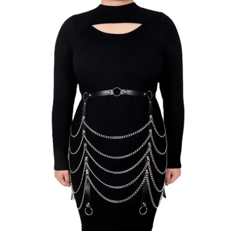 Black PU leather adjustable waist chain with decorative pendant, showing buckle closure detail
