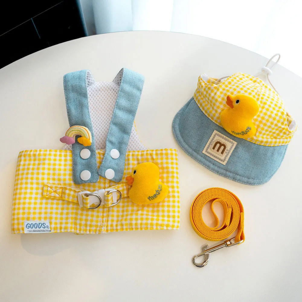 Pet wire rope pulling set showing harness, leash, and three-piece cat clothes outfit with cute hat