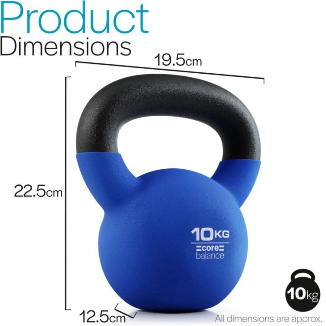 A blue cast iron dumbbell shaped like a teapot, showing its 10 kg weight and solid construction.