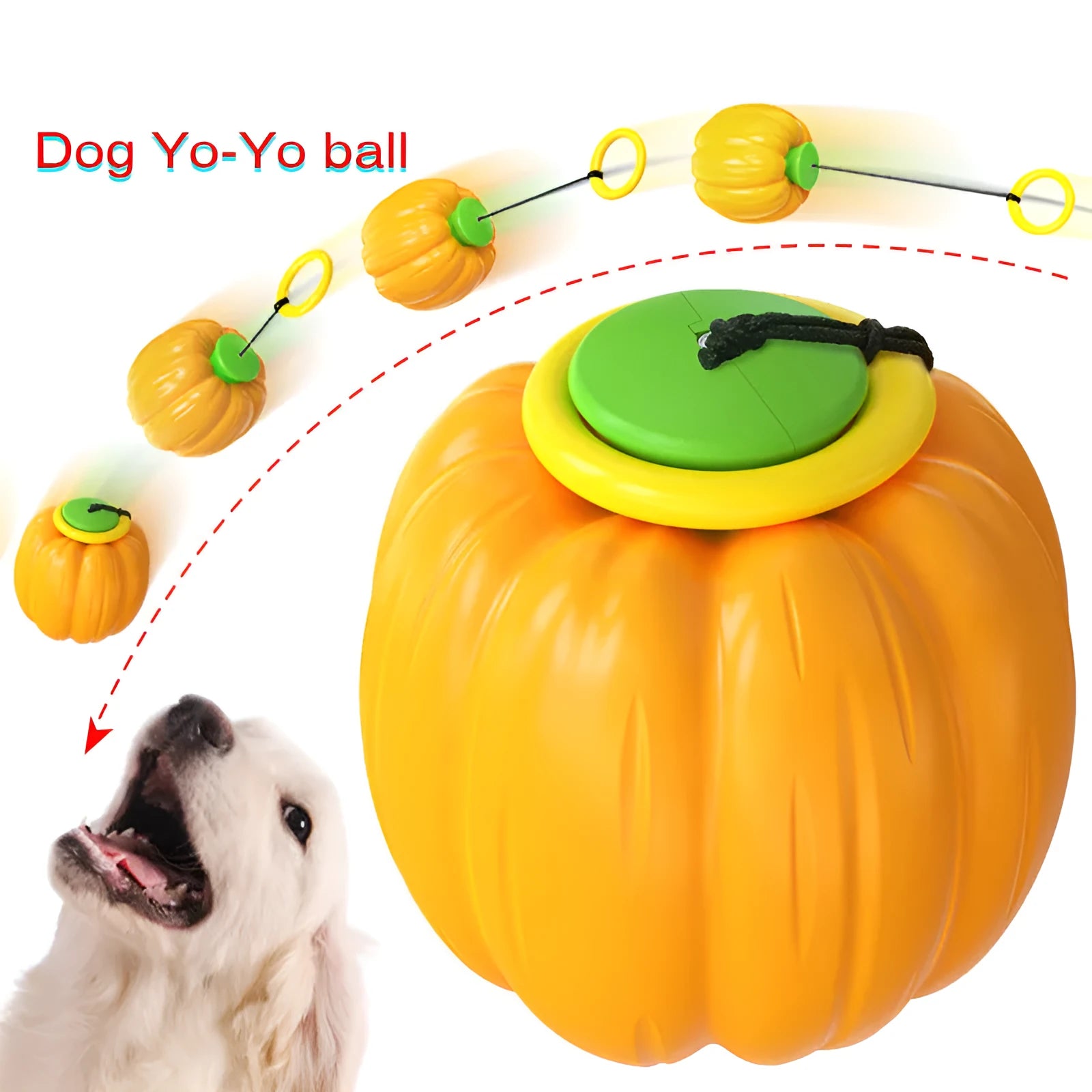 Green, orange, and yellow pumpkin-shaped squeaker dog ball toy for small dogs, shown with size scale.