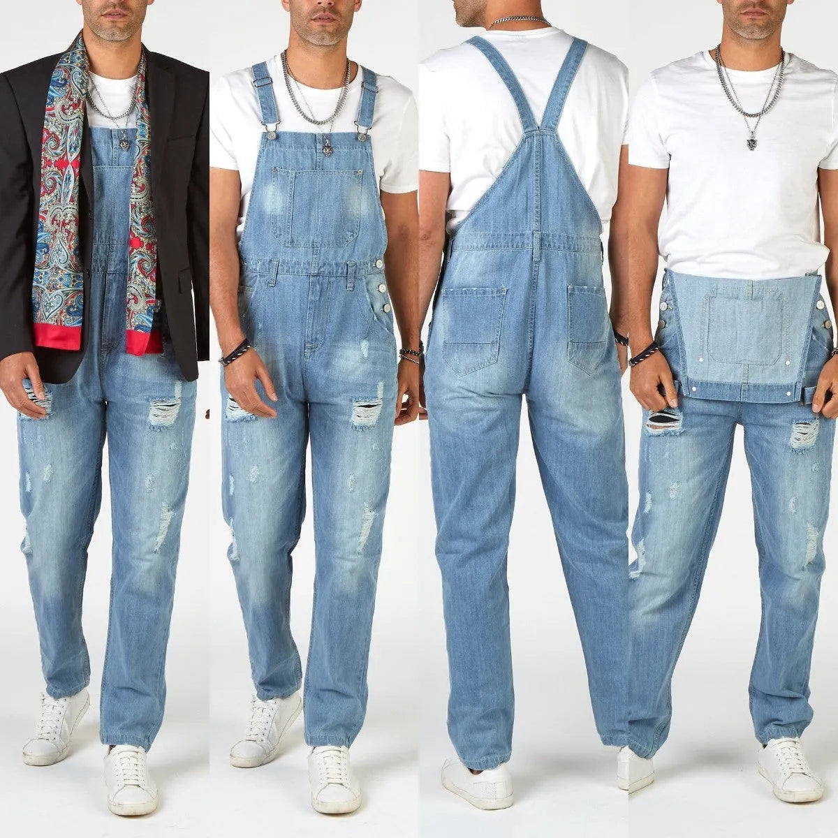 Light blue men's jeans with rips, high waist, built-in suspenders, and straight legs on a size chart.