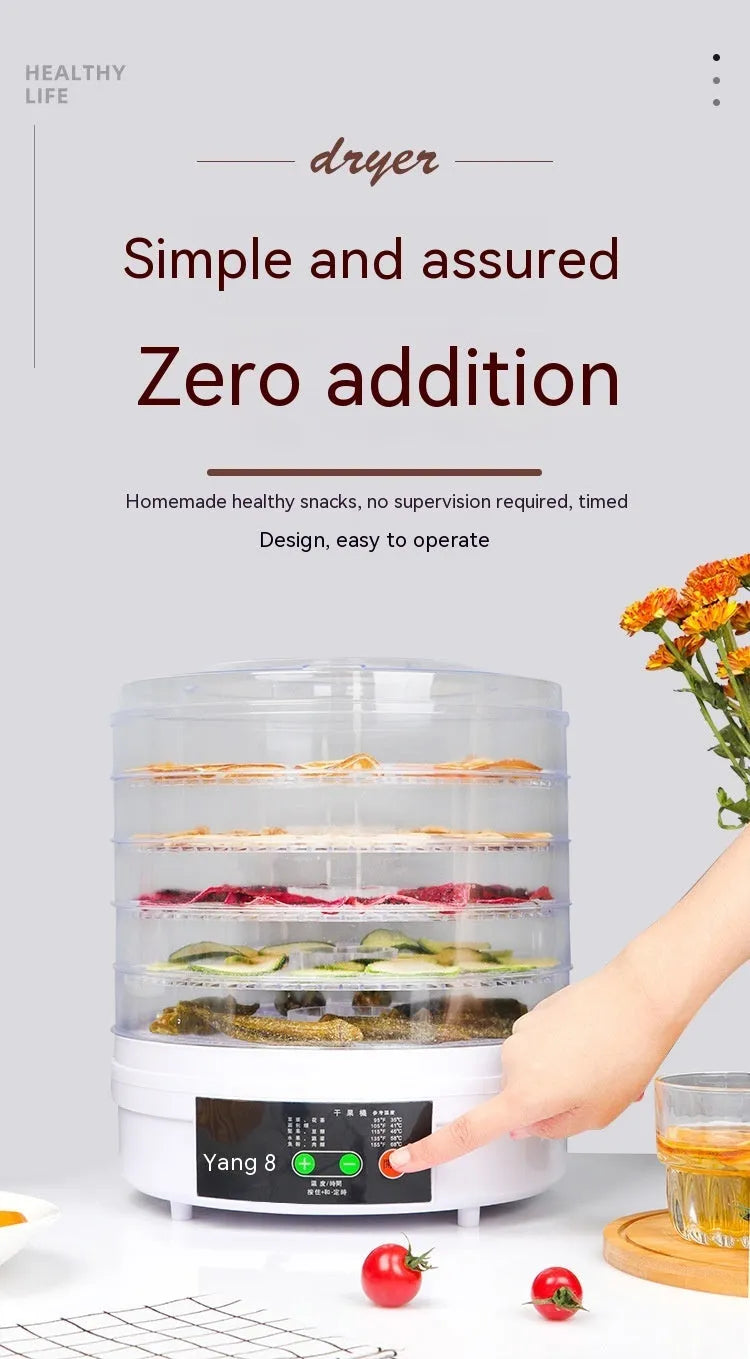 Five layer electric food dehydrator with stackable trays for drying fruit and vegetables