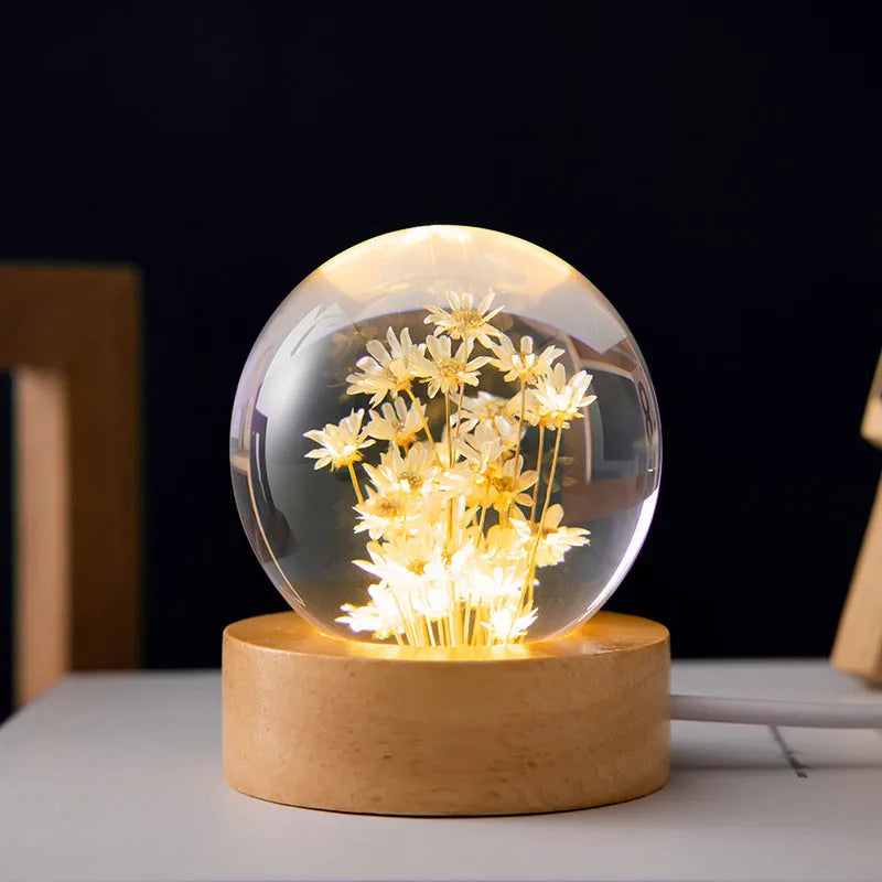 Luminous 3D dandelion crystal ball on beech wood stand with USB cable for desktop decoration