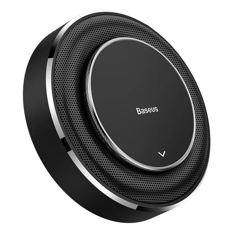 Round aluminium alloy car fragrance in black colour with seat-type dashboard placement