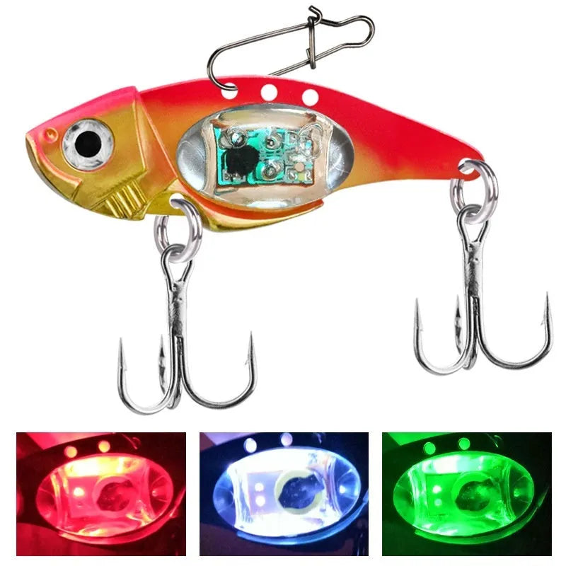 Metal vib electronic fishing lure with luminous construction in blue and red colour options