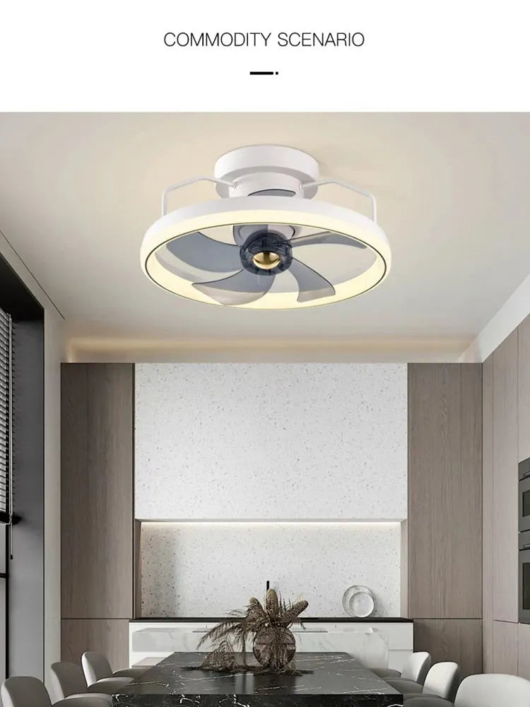 Modern flush mount ceiling fan with integrated light, 500mm diameter with acrylic shade and PC blades.