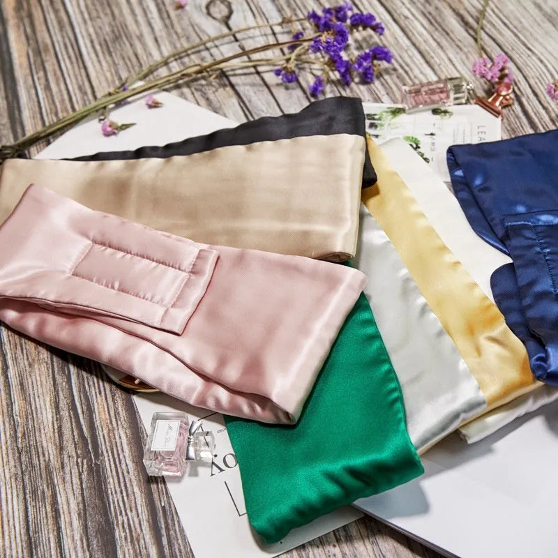 Mulberry silk eye mask in various colours including black and champagne gold for light blocking sleep