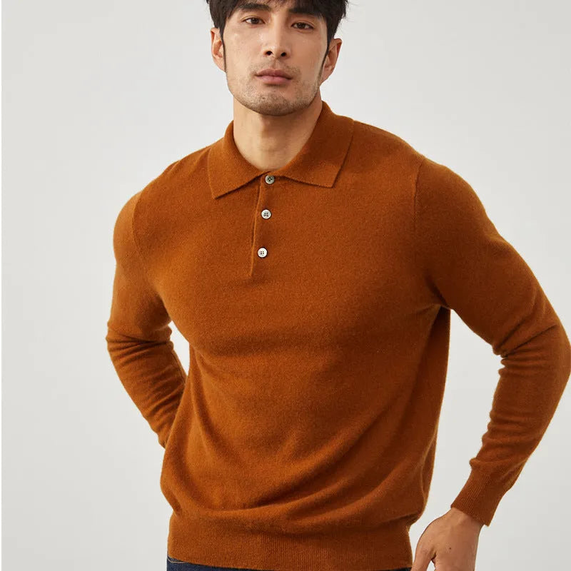 Men's sapphire blue cashmere short-sleeve pullover sweater with a polo collar.