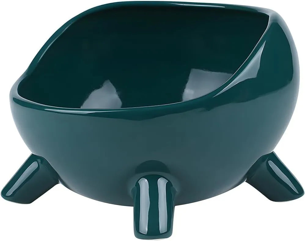 Green ceramic pet bowl with four-legged stable base and wide-mouth design