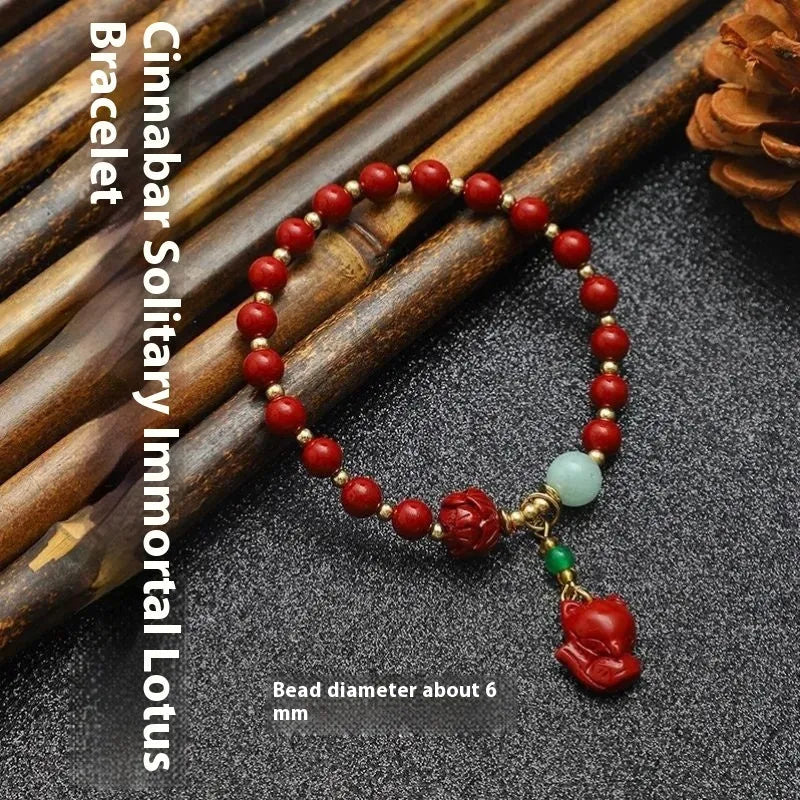 Handmade cinnabar fox pendant bracelet with peace buckle and auspicious cloud motifs