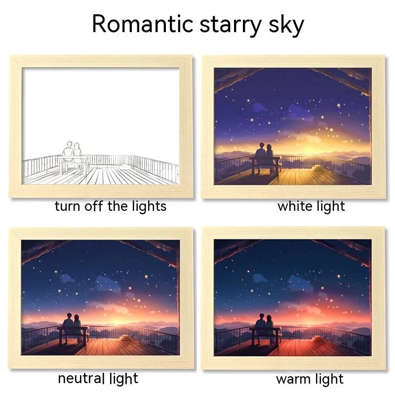 LED illuminated picture frame night lamp showing landscape design with USB cable connection