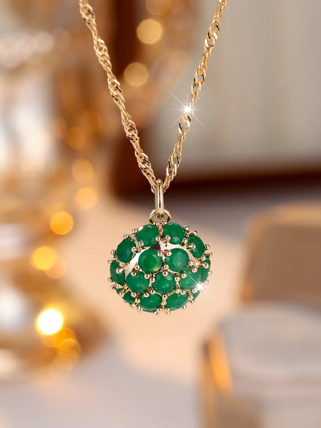 Copper electroplated women's necklace with round emerald diamond pendant on adjustable chain