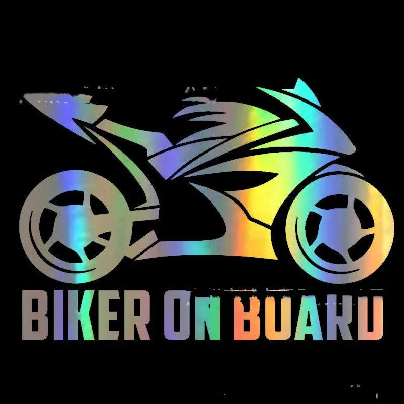 Motorcycle reflective safety sticker in PET material showing two size options: 14×20cm and 10×15cm