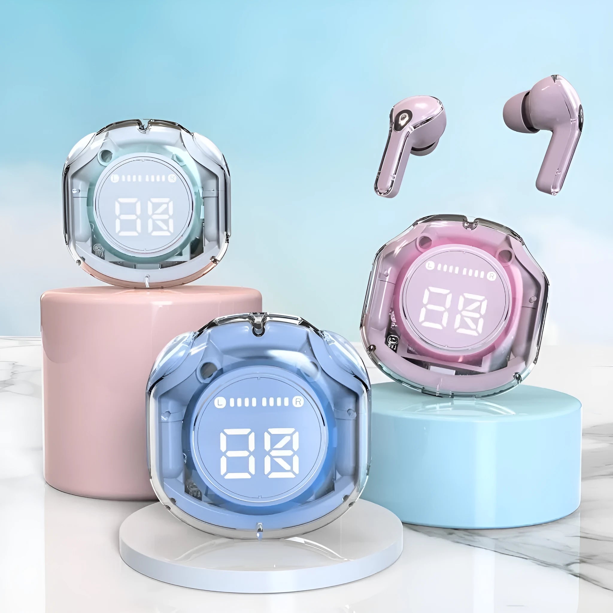 Transparent warehouse wireless Bluetooth headset in white, black, pink, sky blue, or violet with optional breathing light