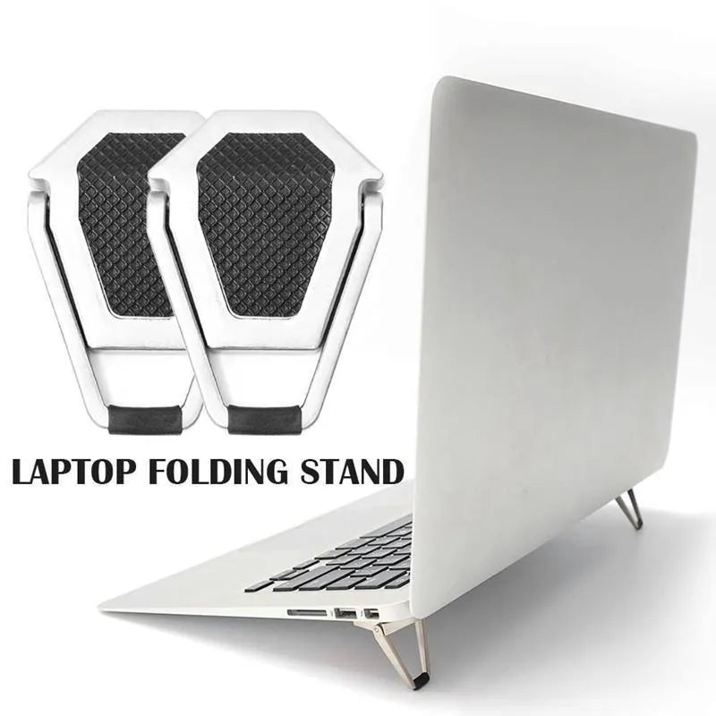 Aluminium alloy foldable laptop bracket showing compact folded size and silver colour