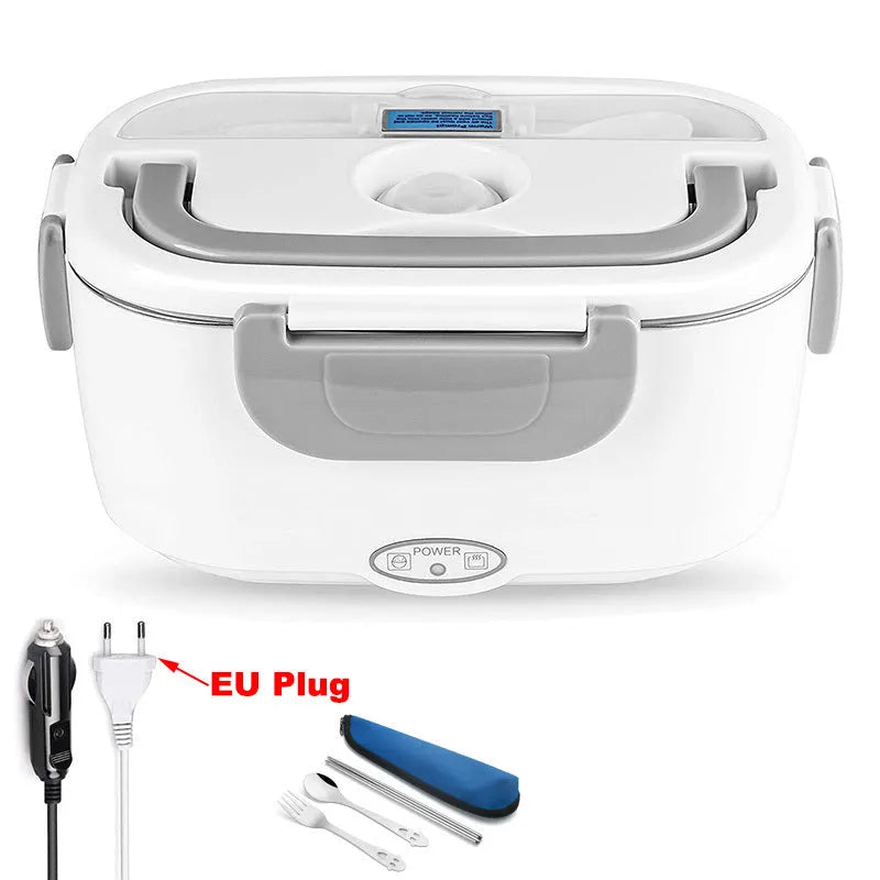 Grey dual-power electric lunch box for car and home with stainless steel pot and mechanical dial.