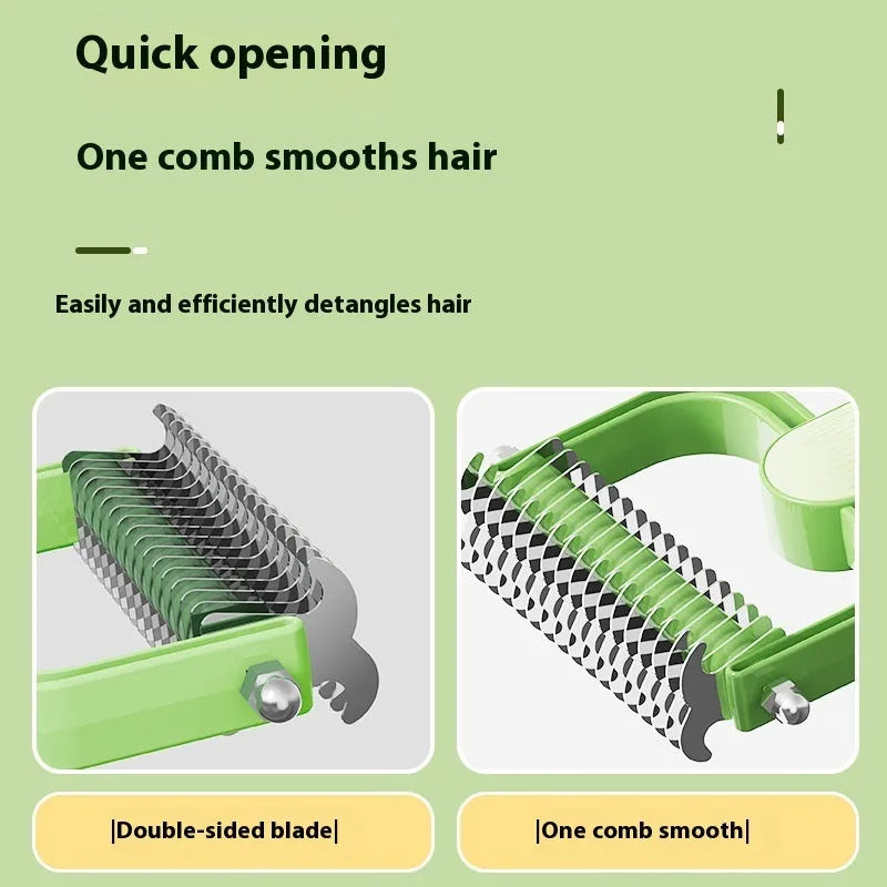Green or grey dog unknotting comb with stainless steel teeth and PP plastic handle in large or small size