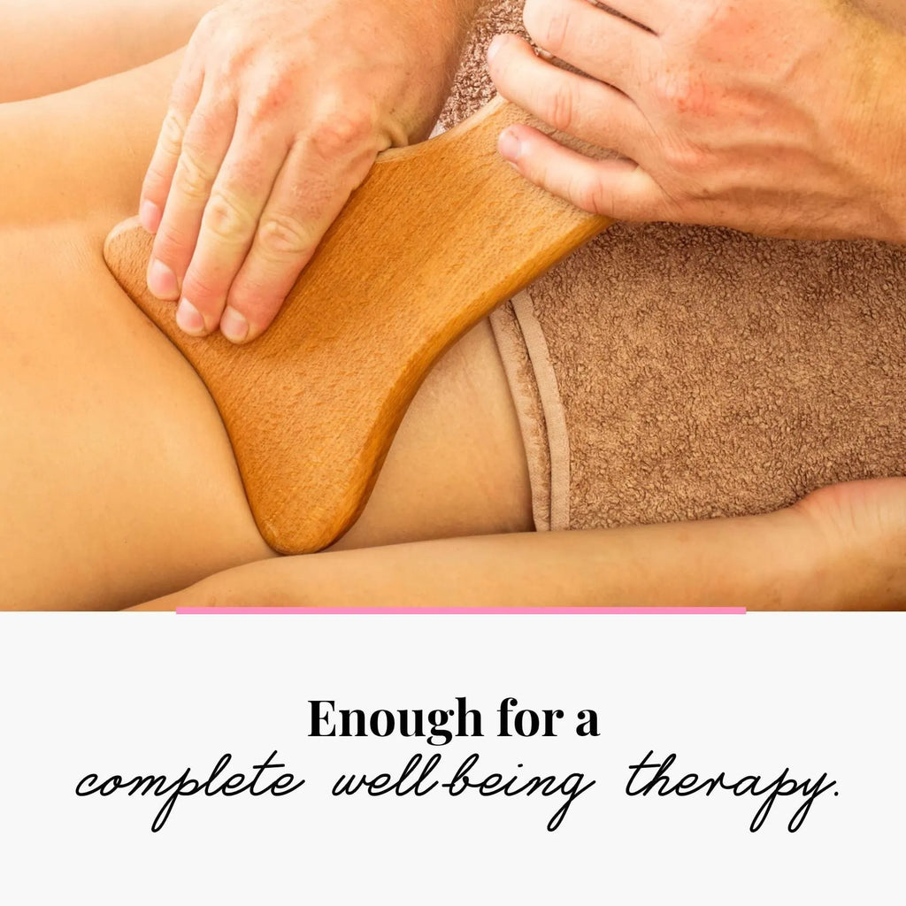Assorted beech wood massage rollers including T-shaped and multi-wheel sets on a plain surface.