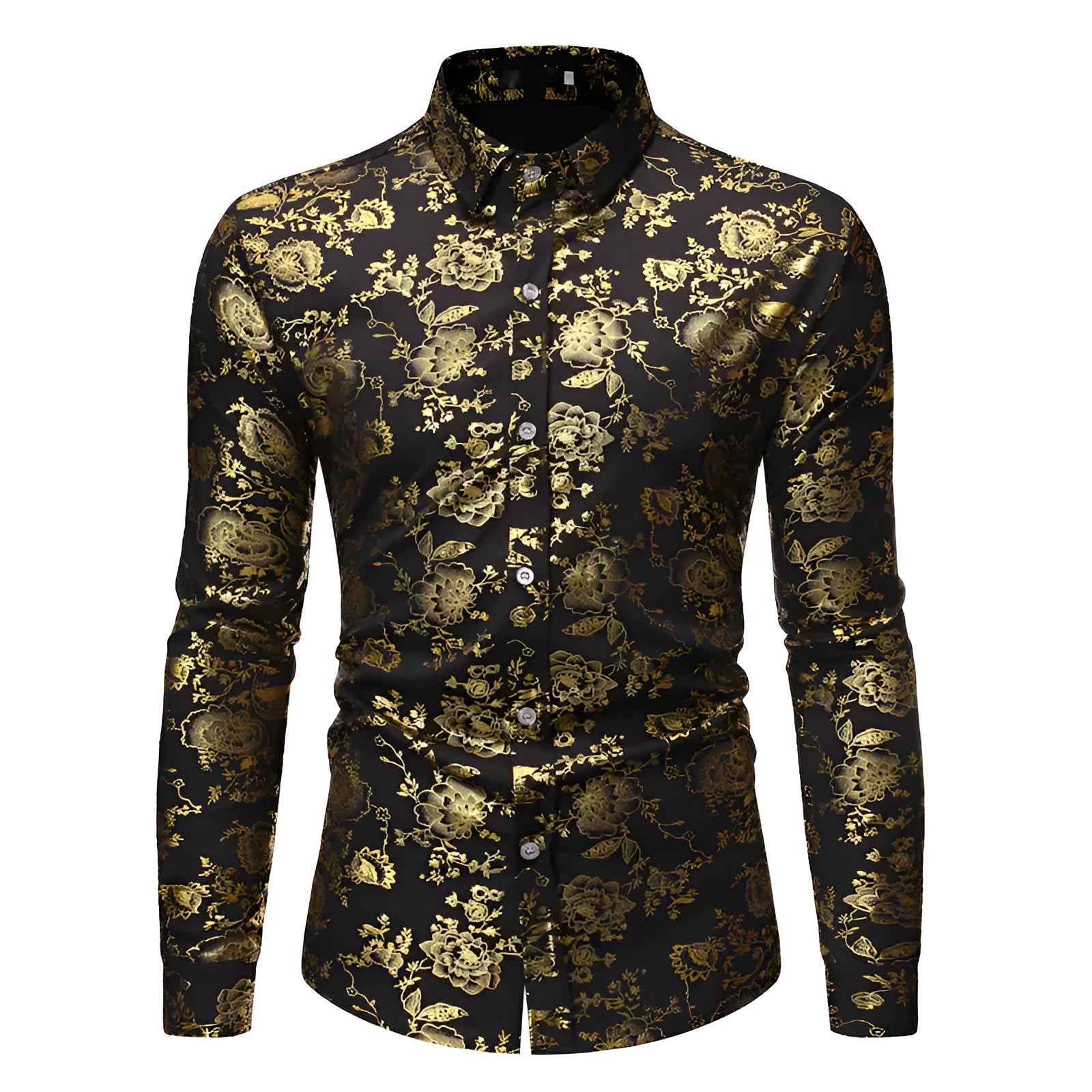 Men's long sleeve lapel cardigan shirt with metallic bronzing print on collar.