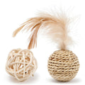 Cat toy set showing rattan ball and faux feather ball with bell for interactive play