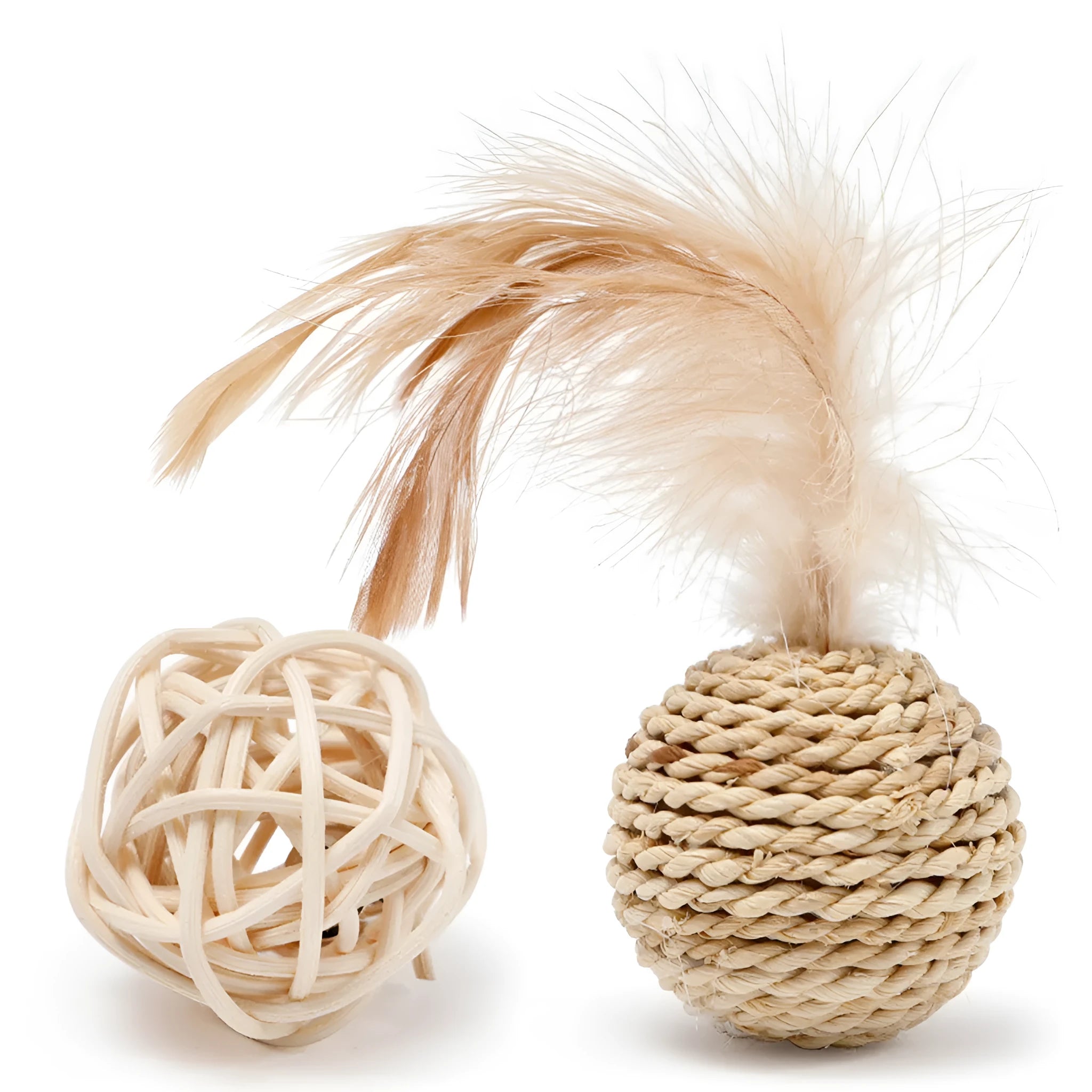 Cat toy set showing rattan ball and faux feather ball with bell for interactive play