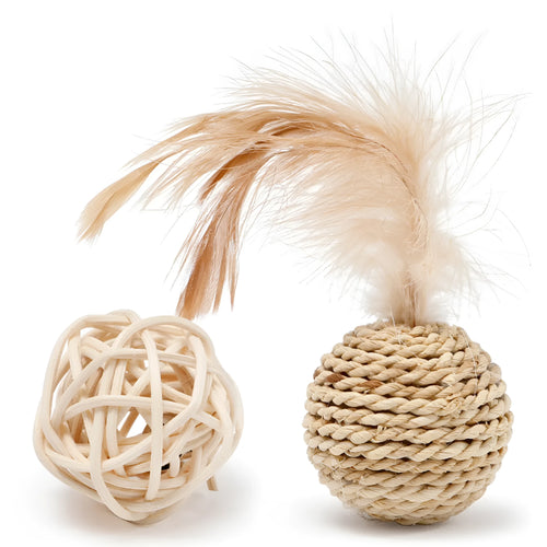 Cat toy set showing rattan ball and faux feather ball with bell for interactive play