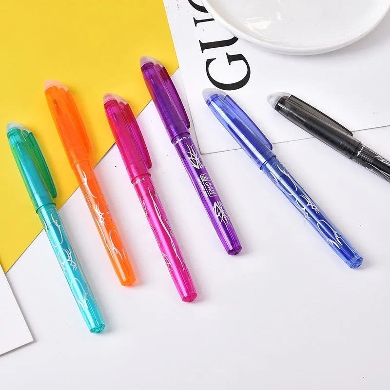 Heat-erasable gel pen with stainless steel nib in multiple colours showing 0.5mm and 0.7mm options