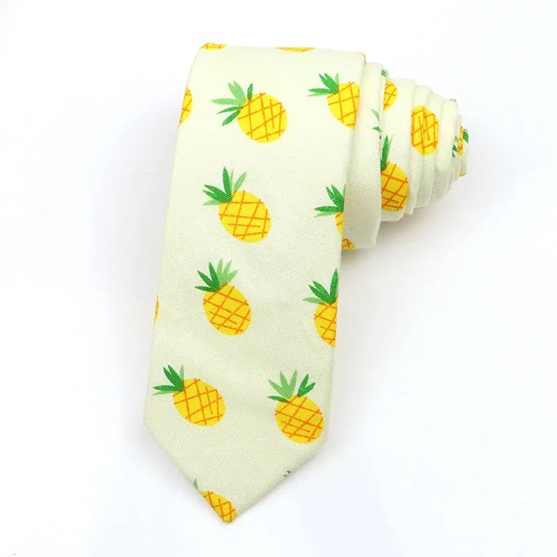 Korean style narrow men's cotton bow tie with a printed cartoon pattern in a selected colour.