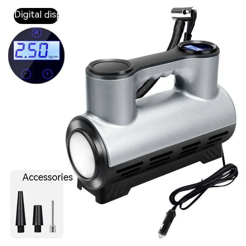 12V portable car tyre inflator with digital display, ABS housing, three air nozzles, and built-in lighting