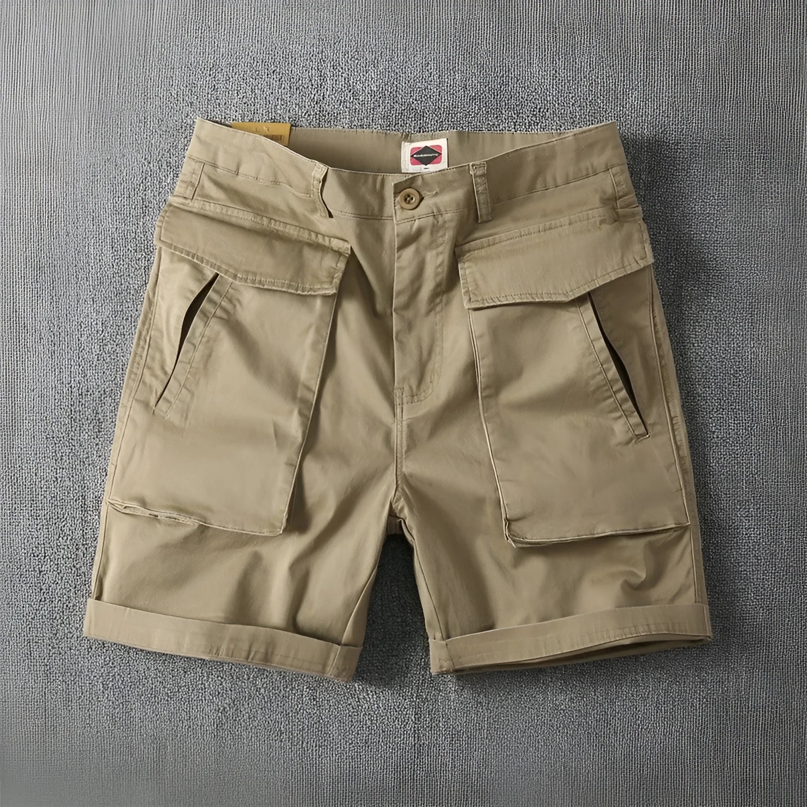 Men's straight-leg cotton cargo shorts with multiple pockets in khaki colour on a neutral background