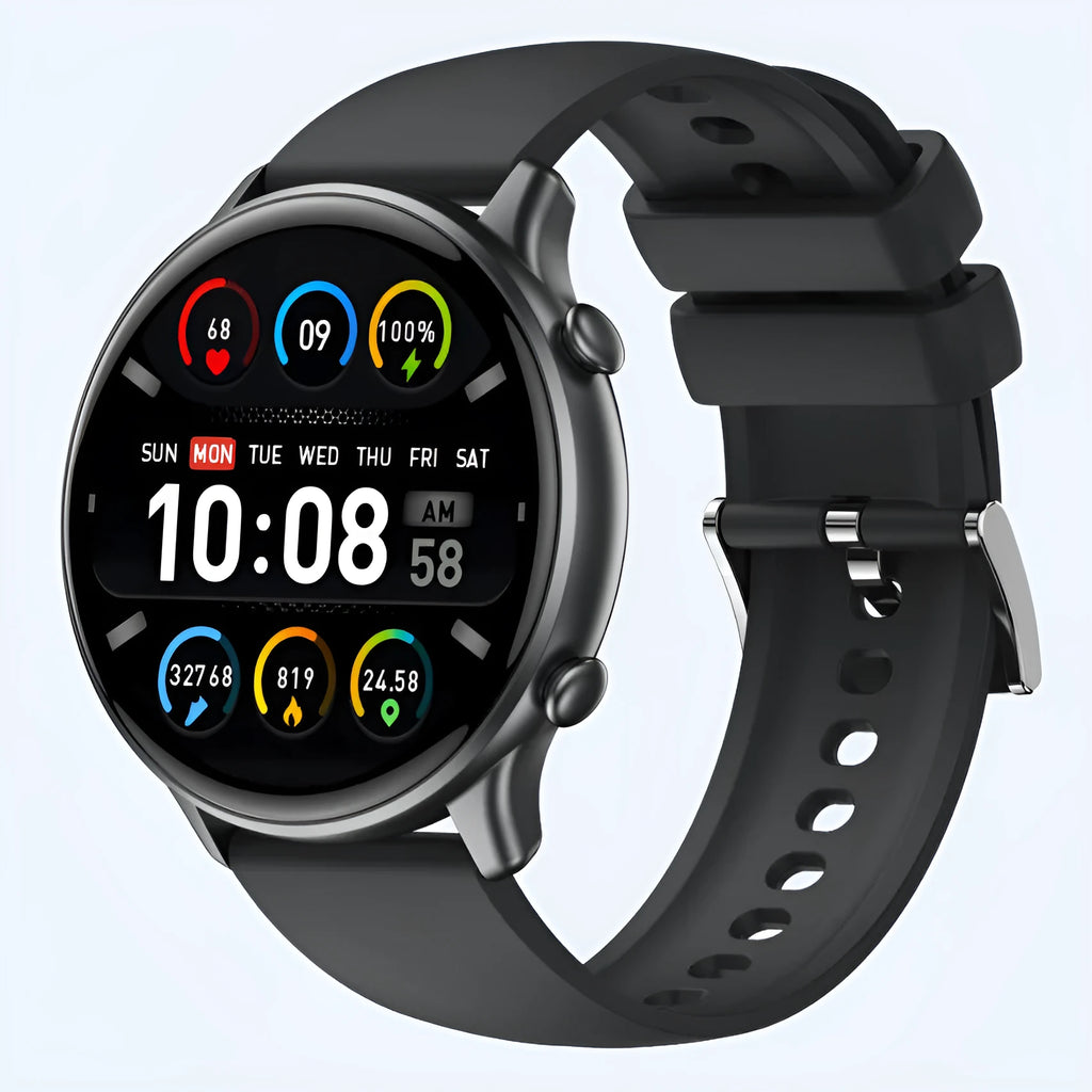 Round smart sports watch with touch screen and silicone strap showing heart rate monitoring display