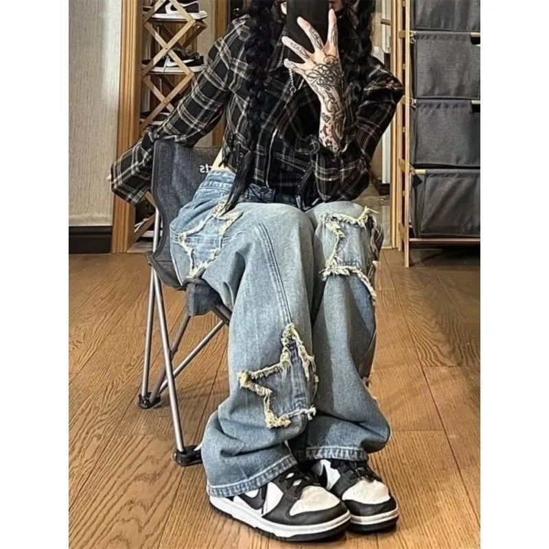 Blue cotton denim wide-leg trousers with high waist and straight fit
