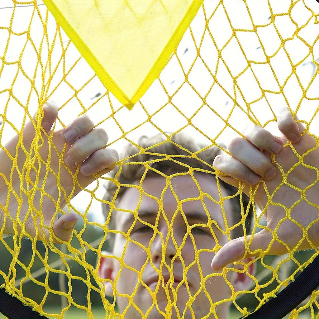 Black portable soccer training goal net set up on grass, showing 130cm square frame and netting.
