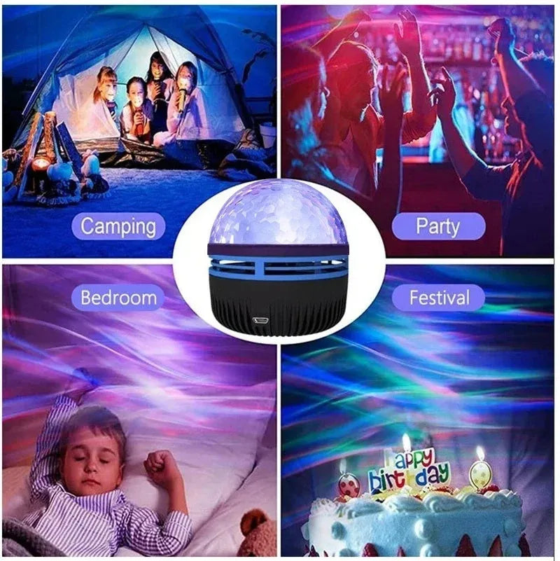 USB-powered LED galaxy projector lamp with rotating ball on a table, showing starry light projection.