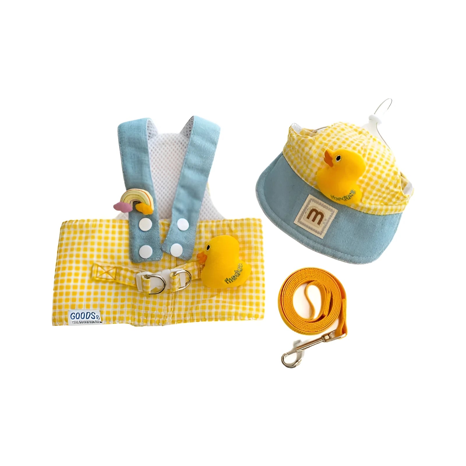 Pet wire rope pulling set showing harness, leash, and three-piece cat clothes outfit with cute hat