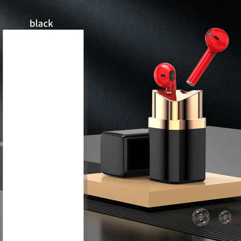 Lipstick-style wireless Bluetooth earbuds in charging case with curved in-ear design available in four colours