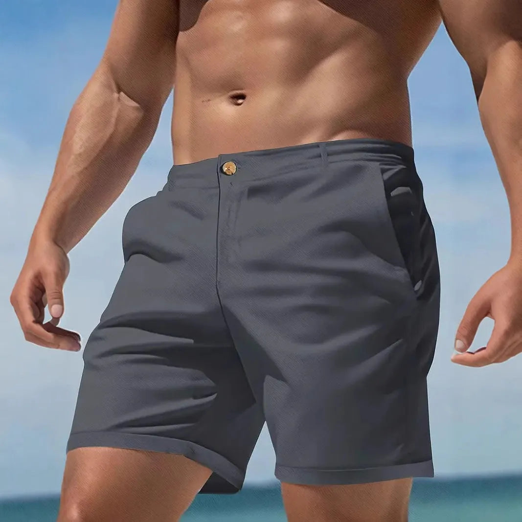 Men's cotton blend straight-leg shorts in solid colours with micro-elastic waistband