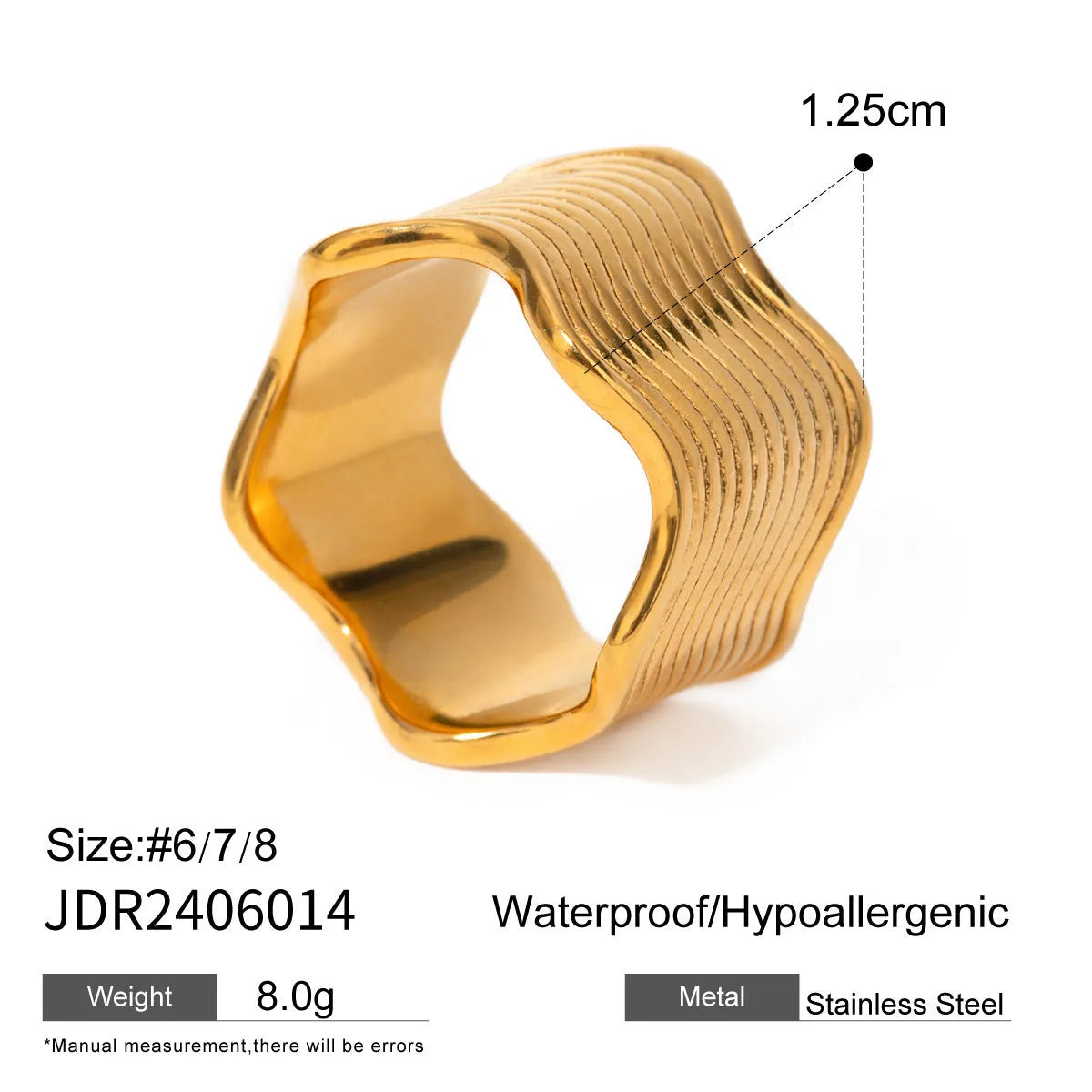 Stainless steel wide band ring with a geometric wave pattern design in an electroplated finish.